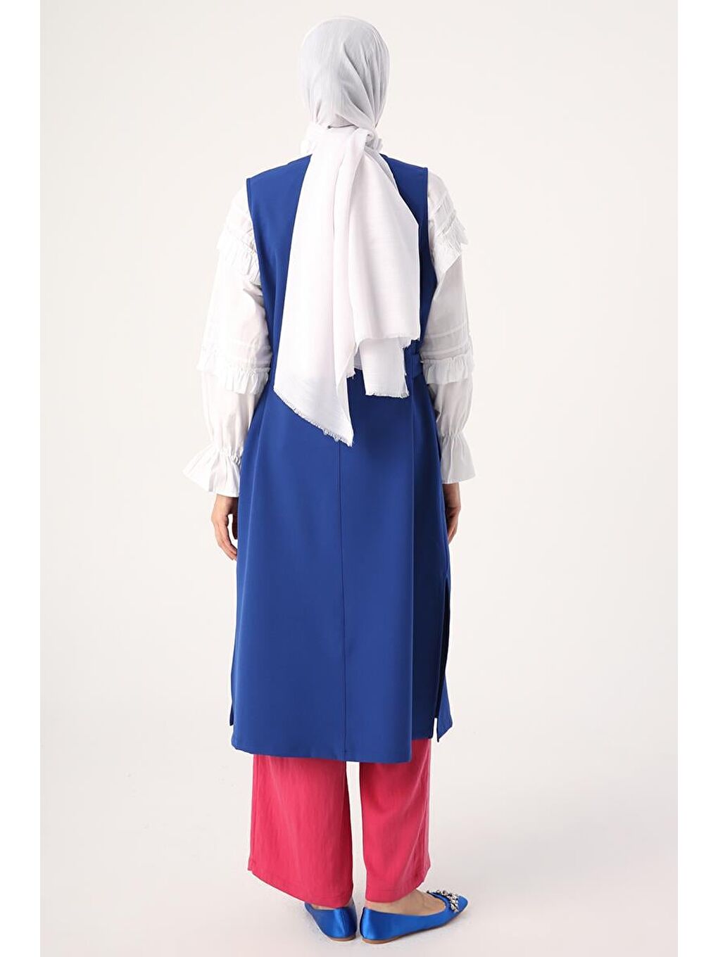 Mavi Saks-Yanları Tokalı Fermuarlı V Yaka Yelek-3