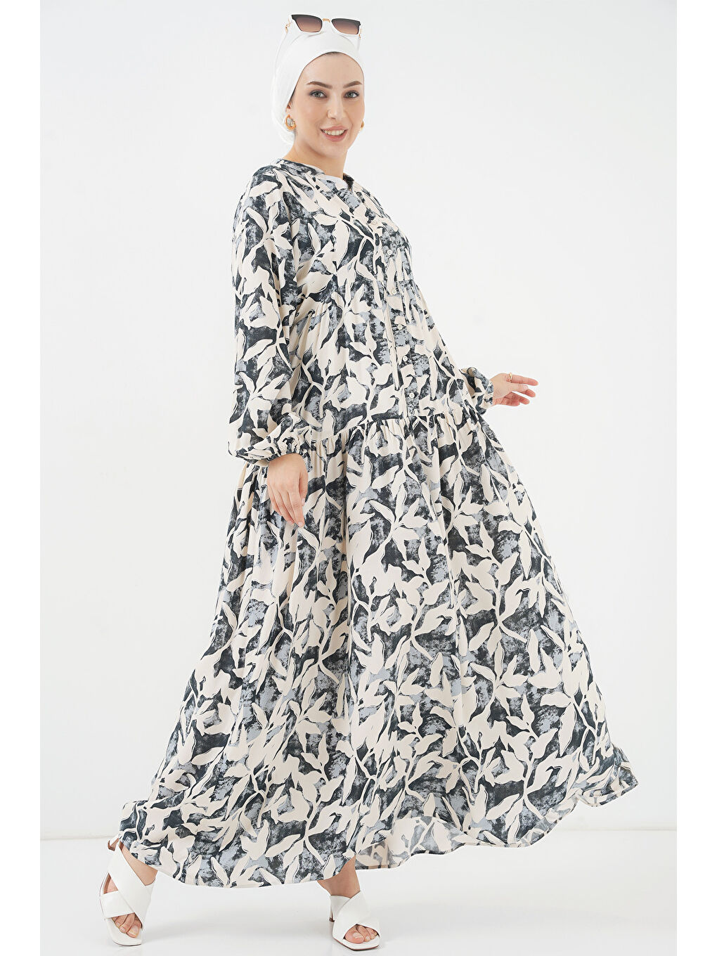 2423 Otantik Desenli Tesettür Elbise - V. Antrasit-1