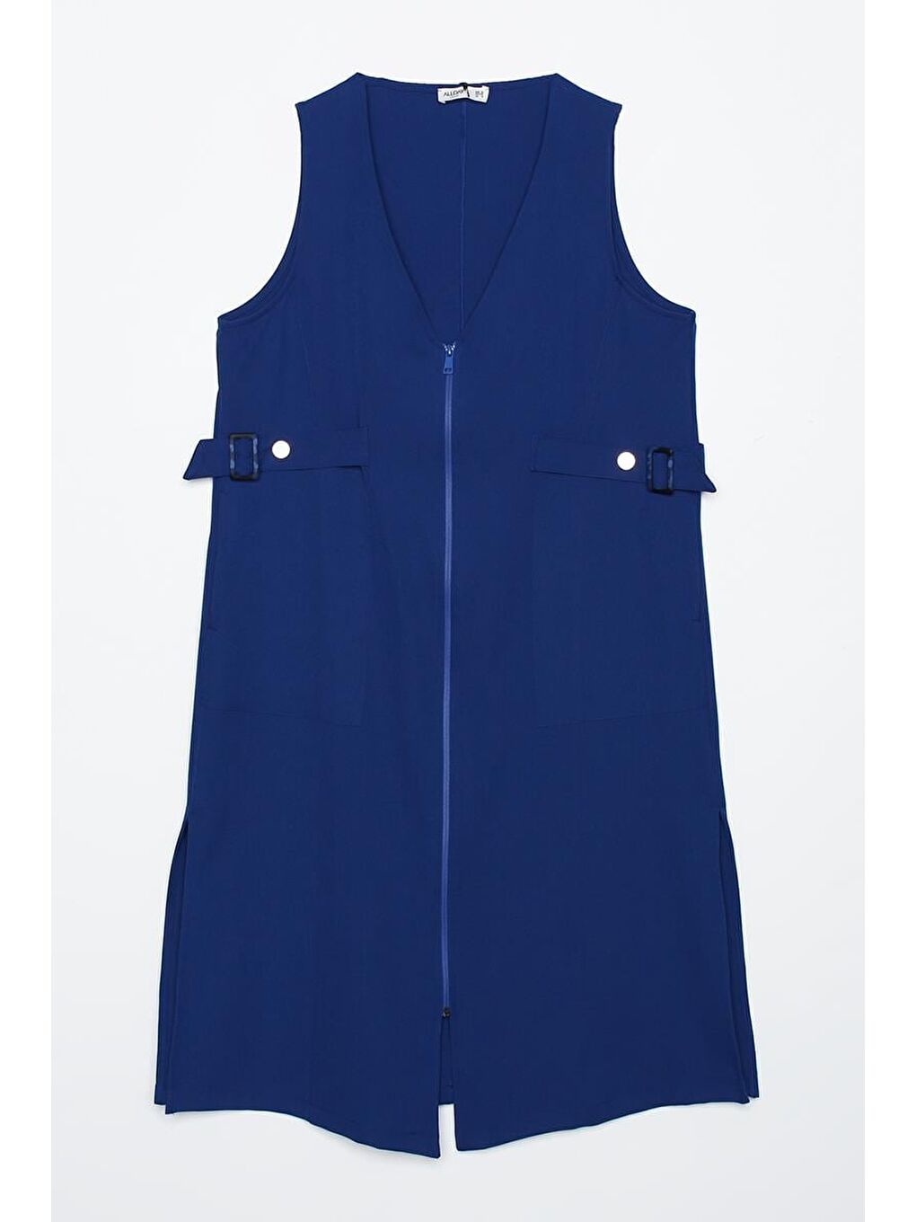 Mavi Saks-Yanları Tokalı Fermuarlı V Yaka Yelek-5