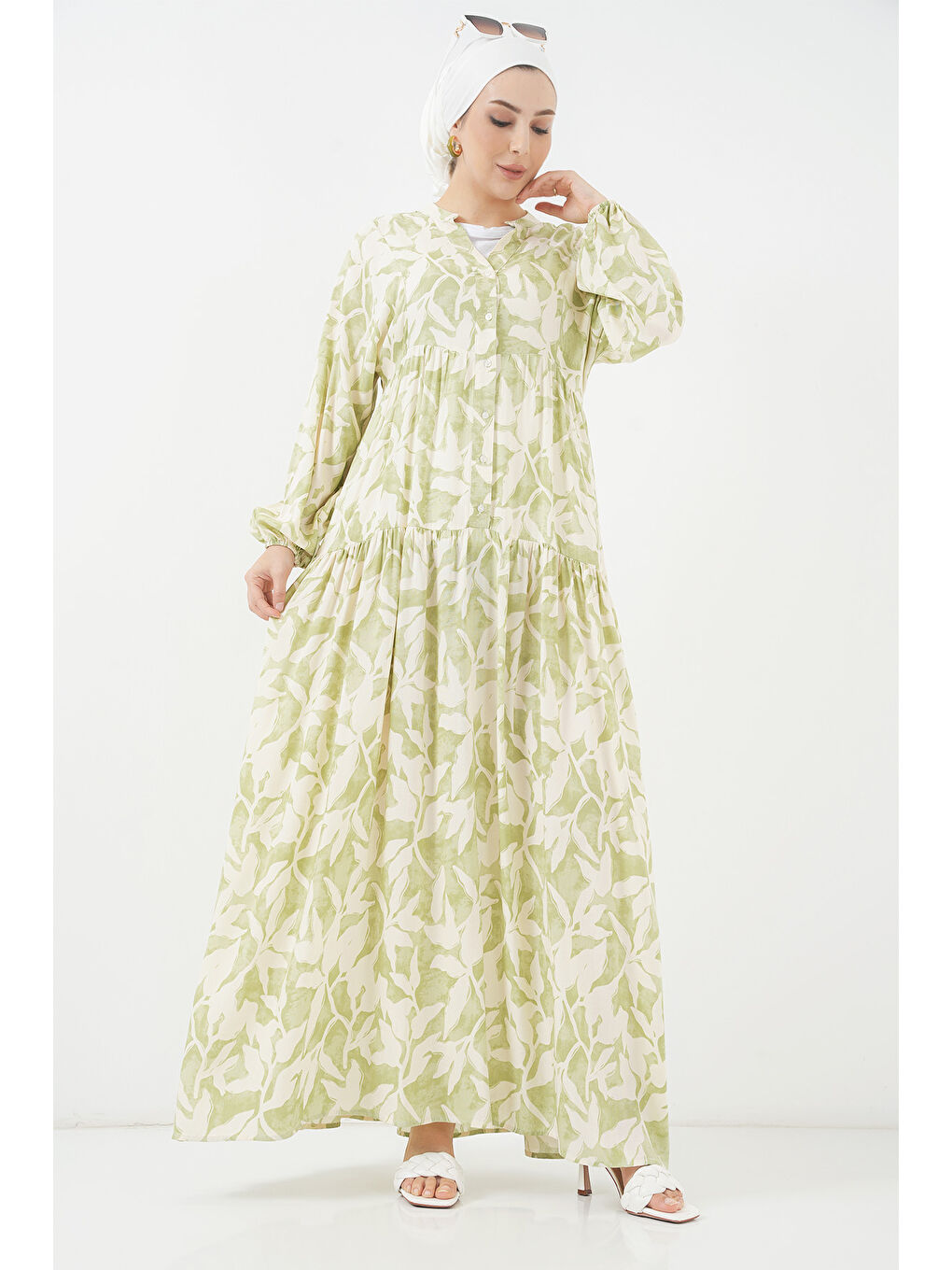 2423 Otantik Desenli Tesettür Elbise - N. Yeşil