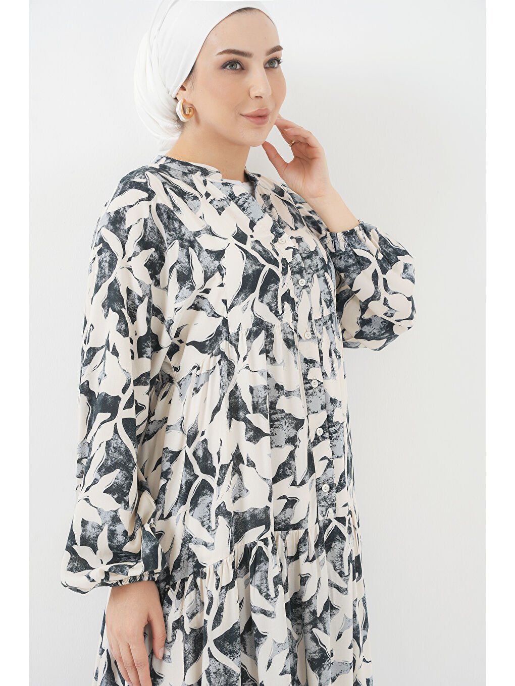 2423 Otantik Desenli Tesettür Elbise - V. Antrasit-2