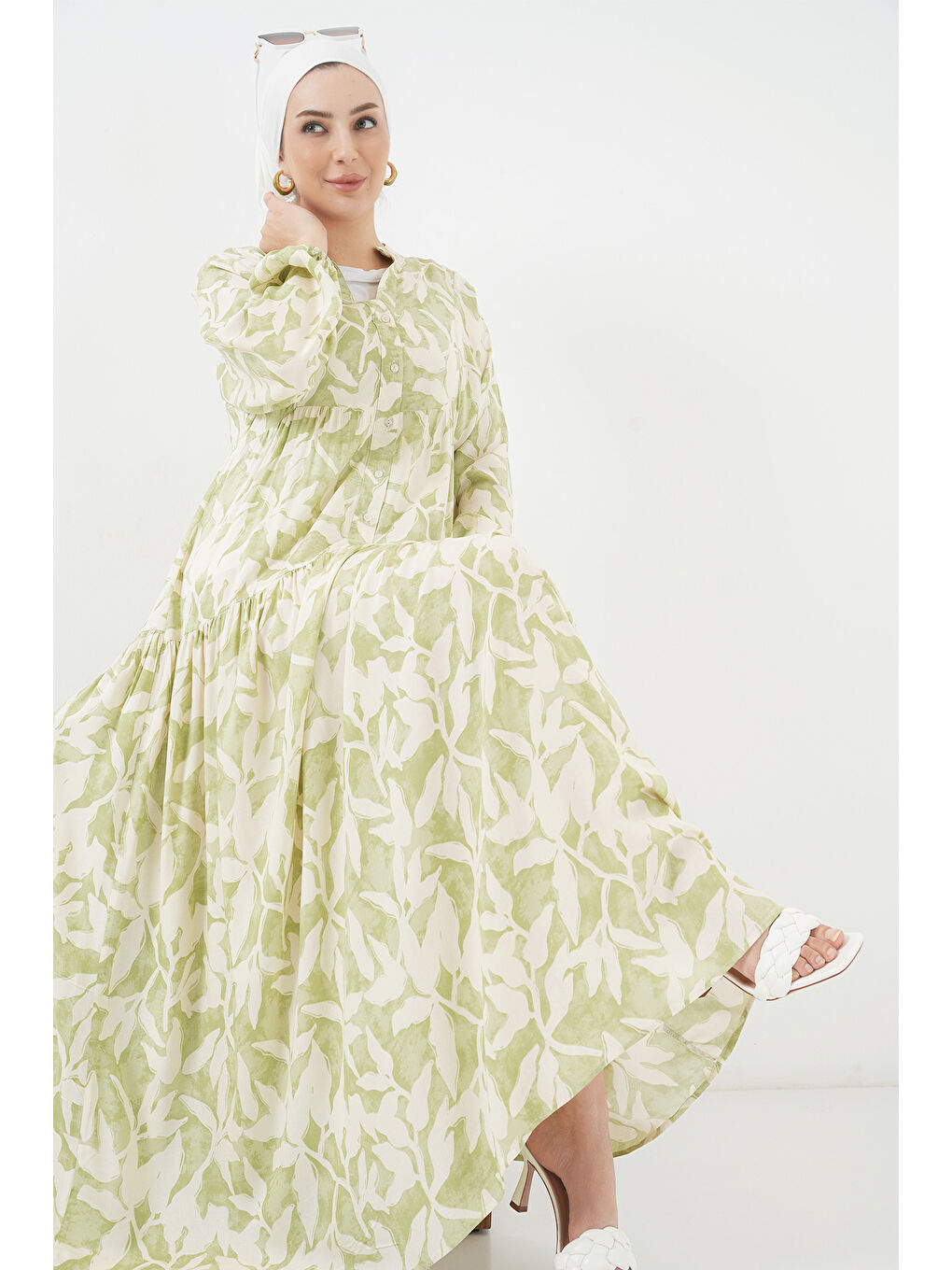 2423 Otantik Desenli Tesettür Elbise - N. Yeşil-1