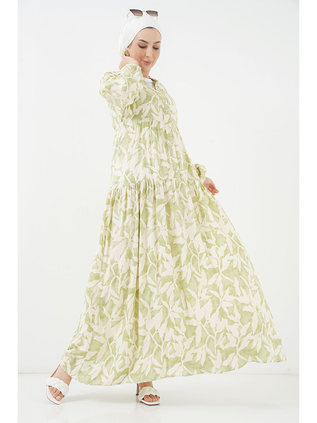 2423 Otantik Desenli Tesettür Elbise - N. Yeşil-2