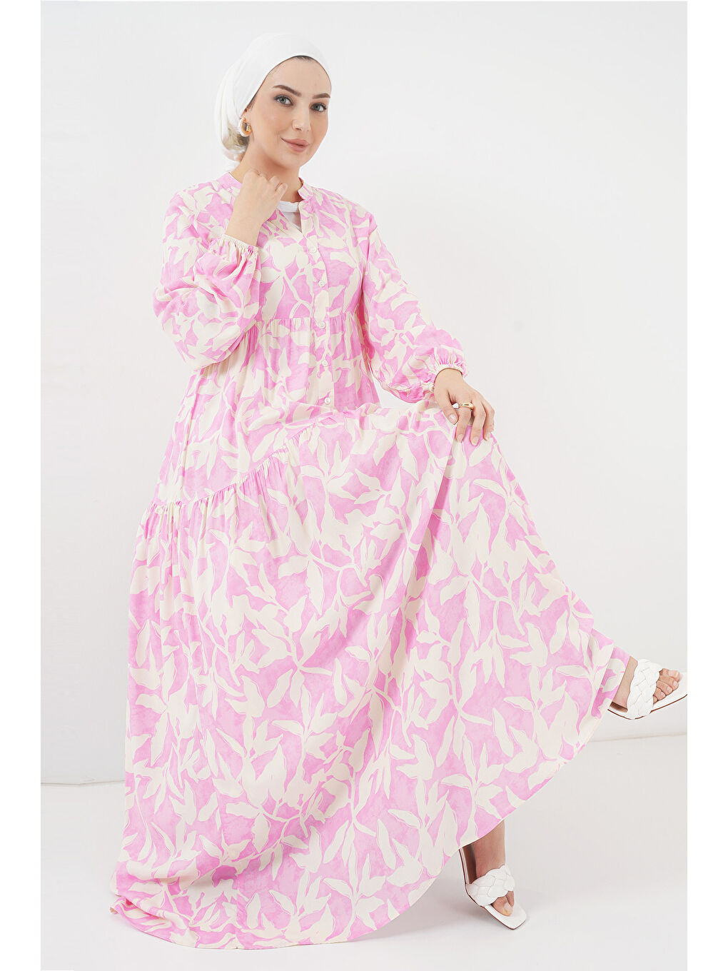 2423 Otantik Desenli Tesettür Elbise - Y.Pembe