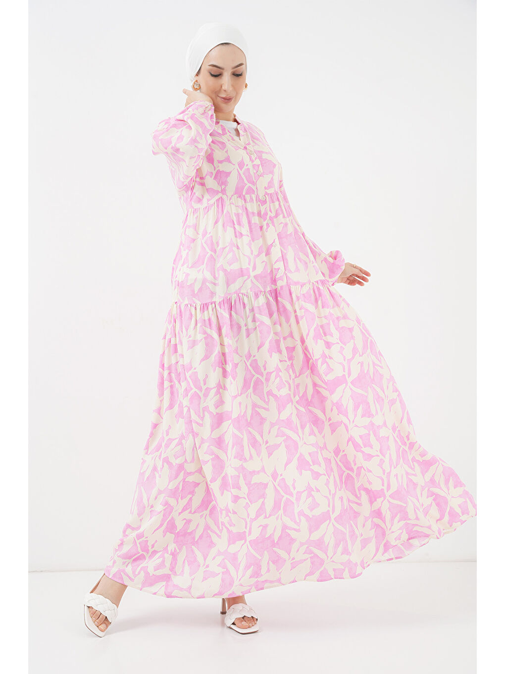 2423 Otantik Desenli Tesettür Elbise - Y.Pembe-1