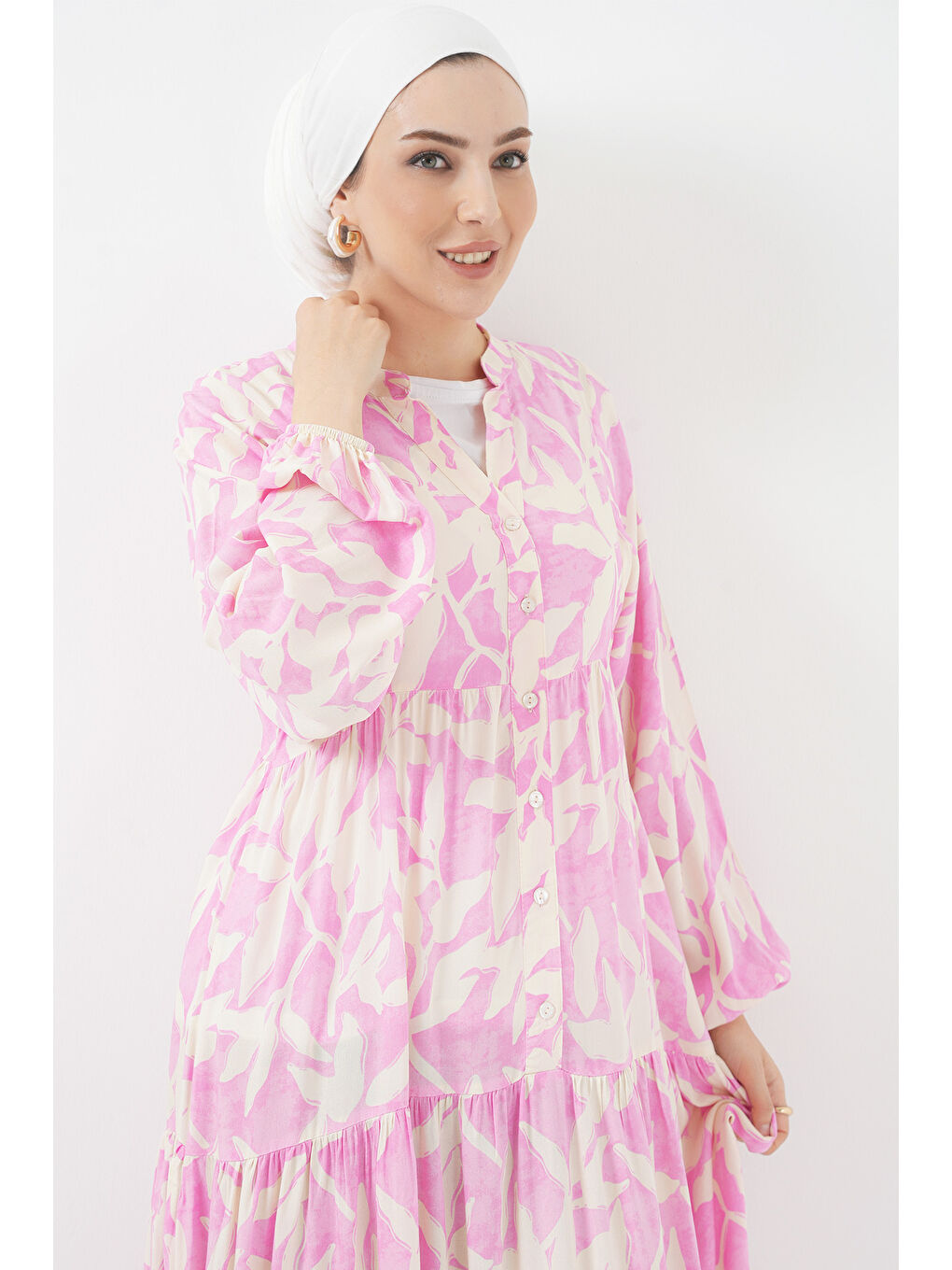 2423 Otantik Desenli Tesettür Elbise - Y.Pembe-2