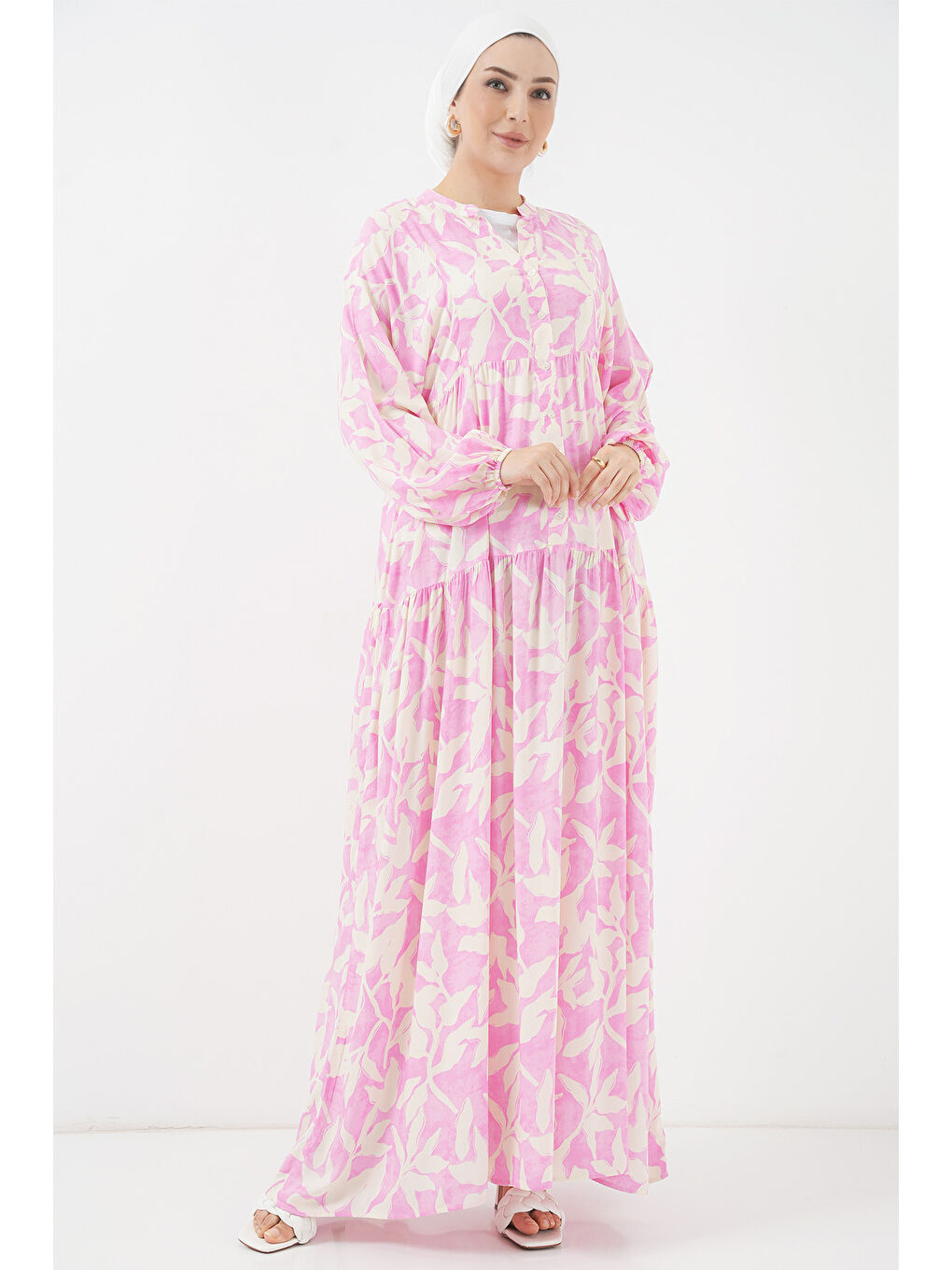 2423 Otantik Desenli Tesettür Elbise - Y.Pembe-3