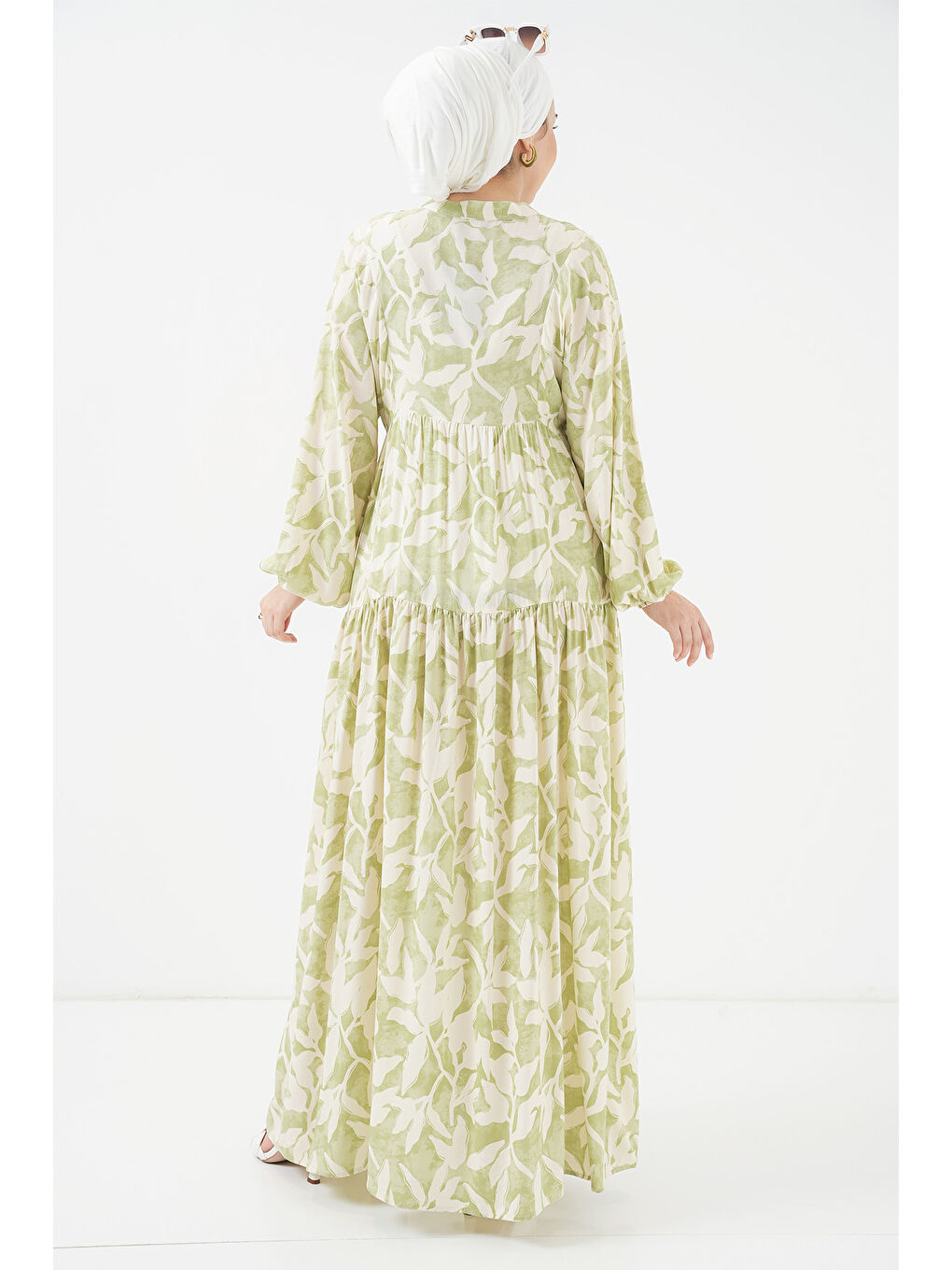 2423 Otantik Desenli Tesettür Elbise - N. Yeşil-5