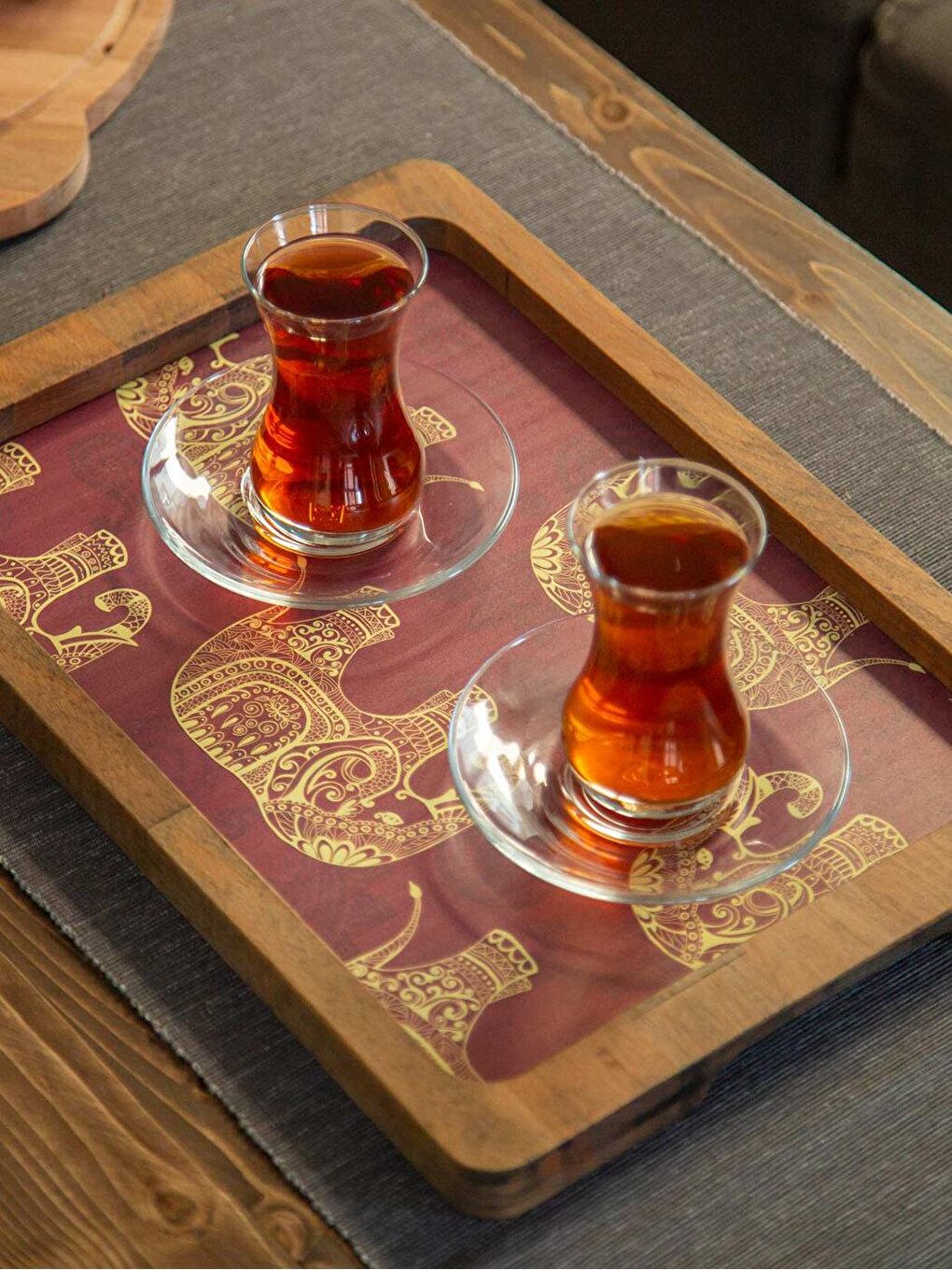 Karışık Fil Desenli Ahşap Küçük Tepsi 21x31 Cm