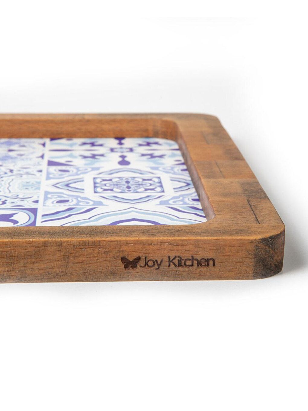 Karışık Retro Mavi Desenli Ahşap Küçük Tepsi 21x31 Cm-1