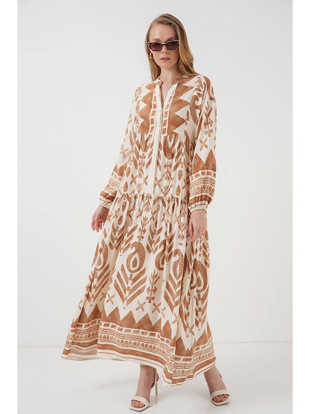 Sarı 2423 Otantik Desenli Tesettür Elbise - B. Hardal