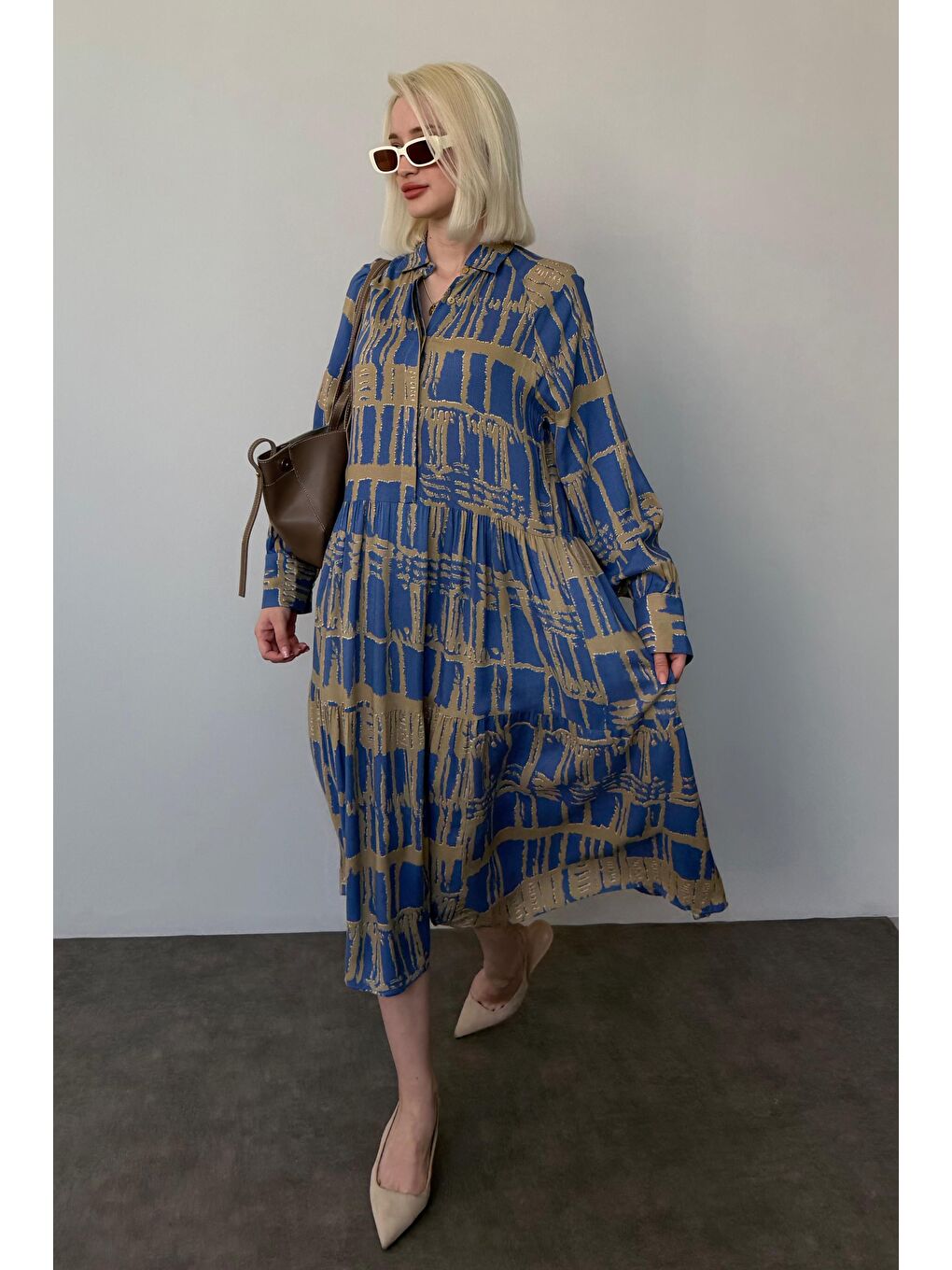 İndigo Uzun Kollu Düğmeli Desenli Elbise Mg2430