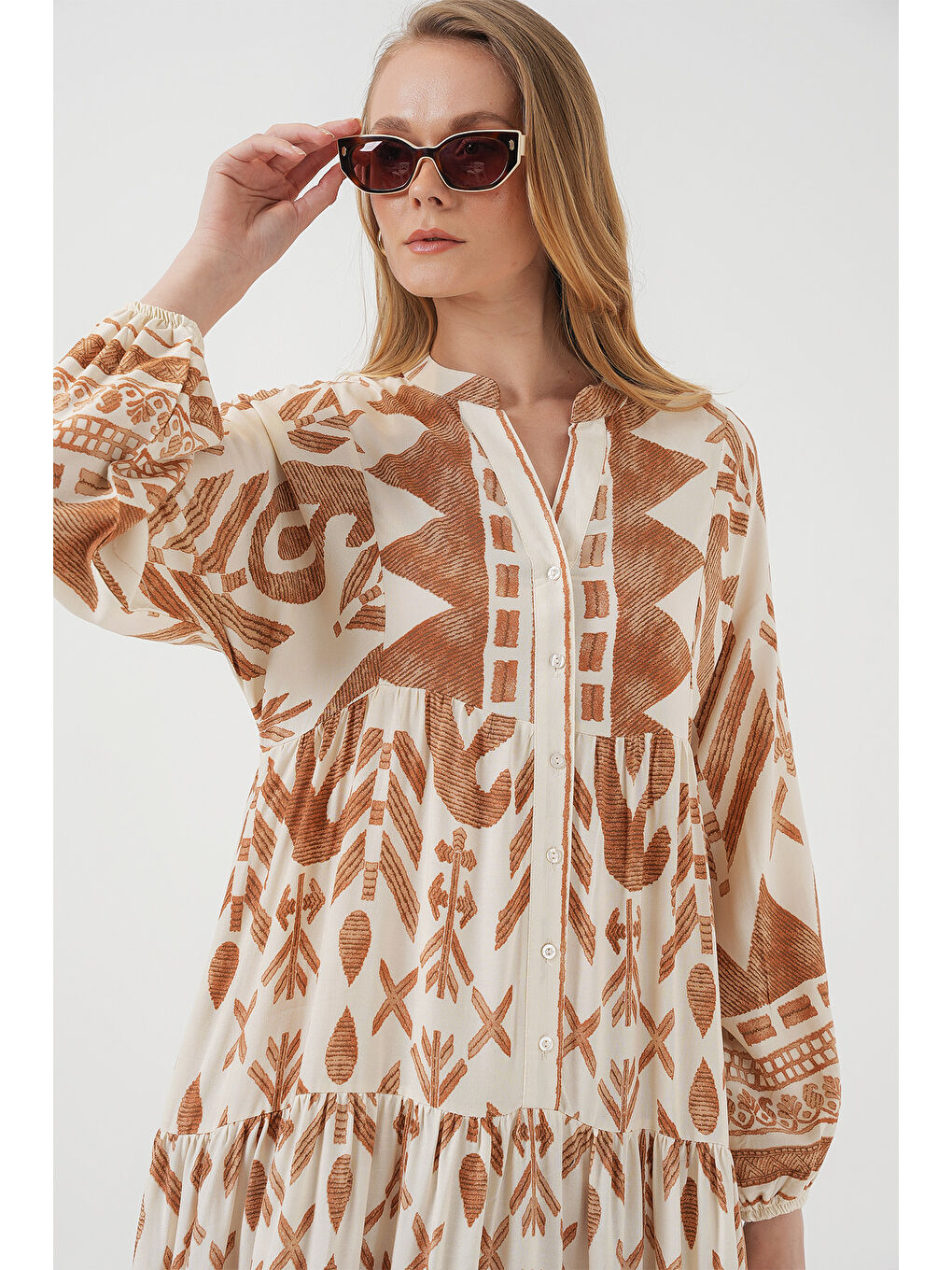 Sarı 2423 Otantik Desenli Tesettür Elbise - B. Hardal-1