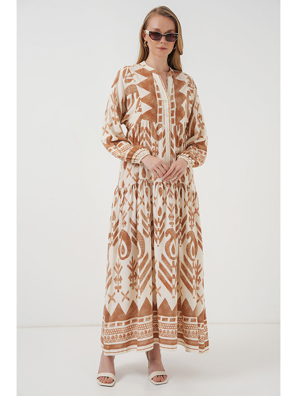 Sarı 2423 Otantik Desenli Tesettür Elbise - B. Hardal-2