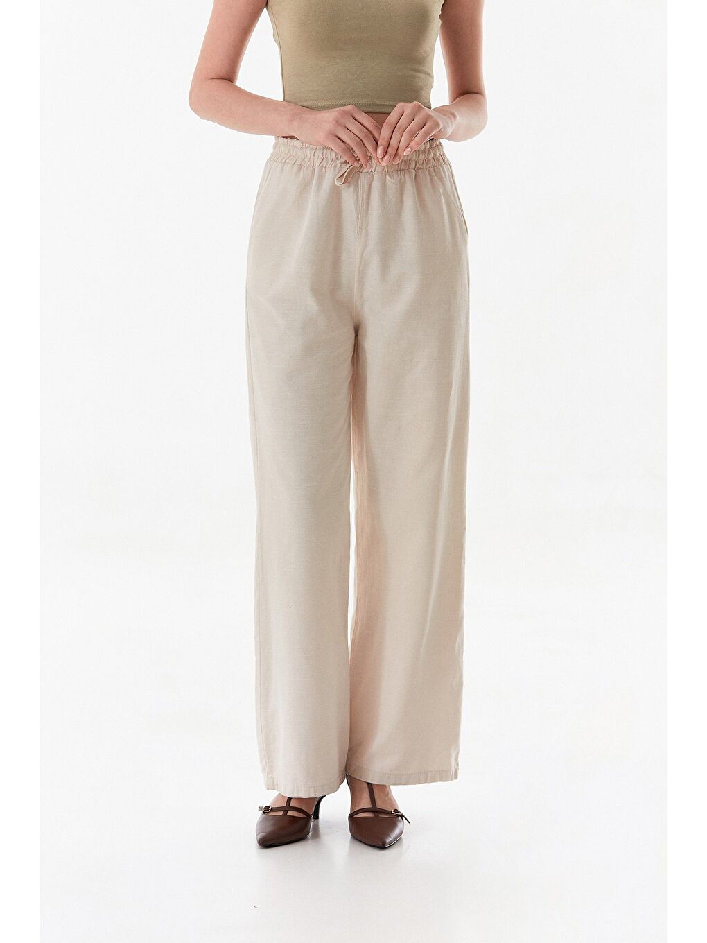 Bej Yüksek Bel Palazzo Keten Görünümlü Pantolon-2