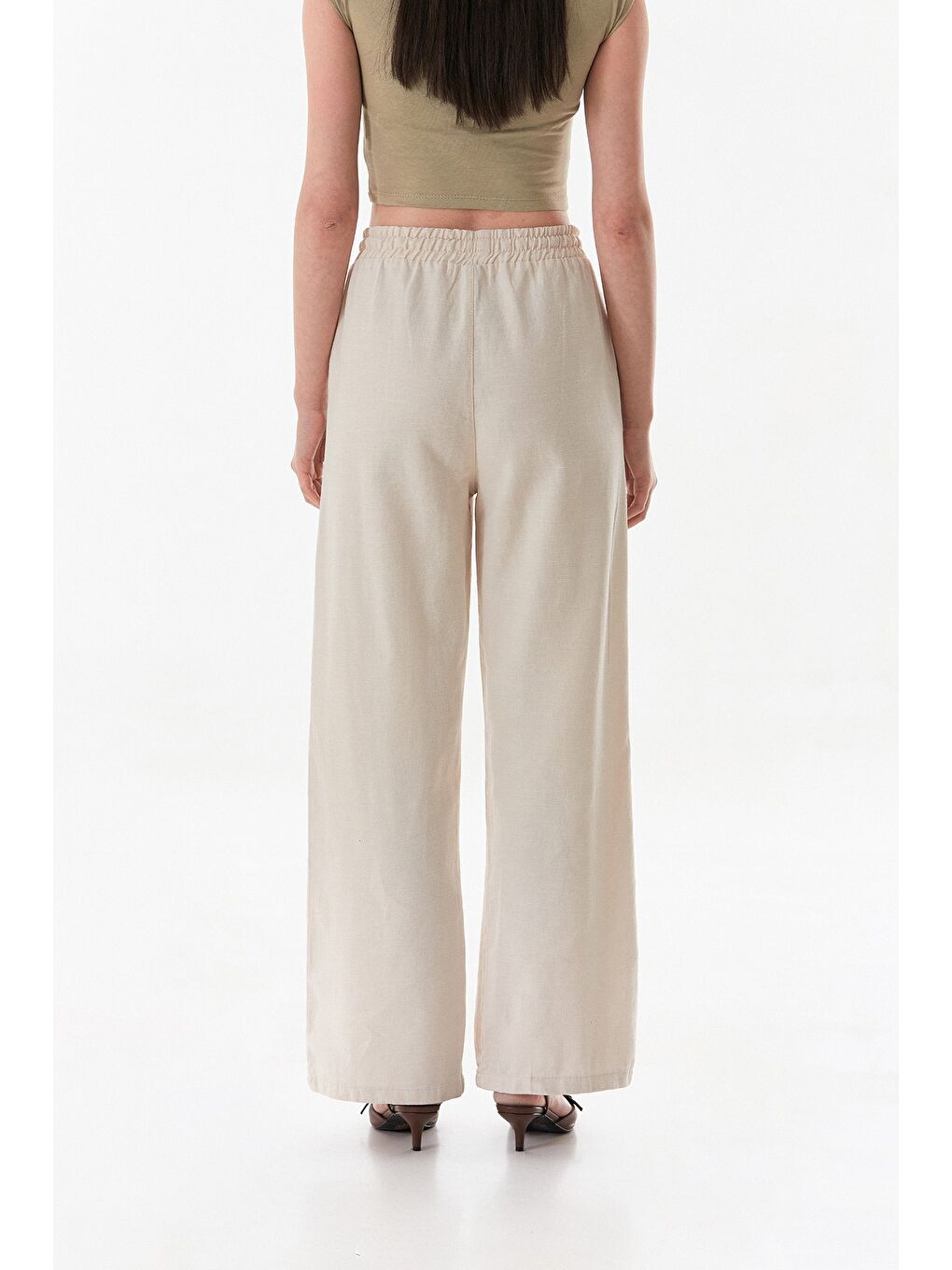 Bej Yüksek Bel Palazzo Keten Görünümlü Pantolon-3