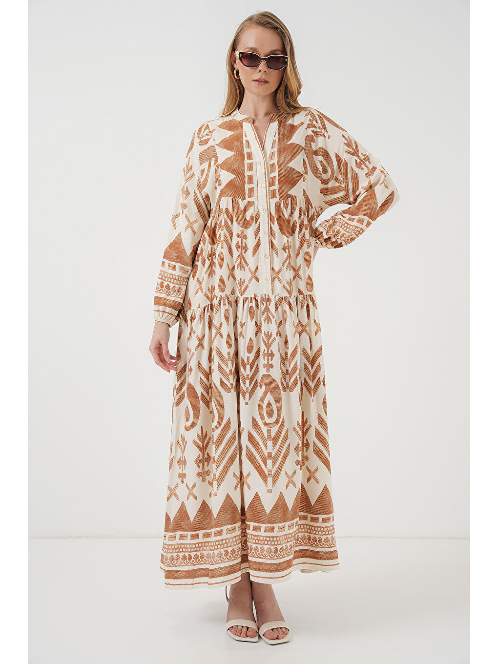 Sarı 2423 Otantik Desenli Tesettür Elbise - B. Hardal-3