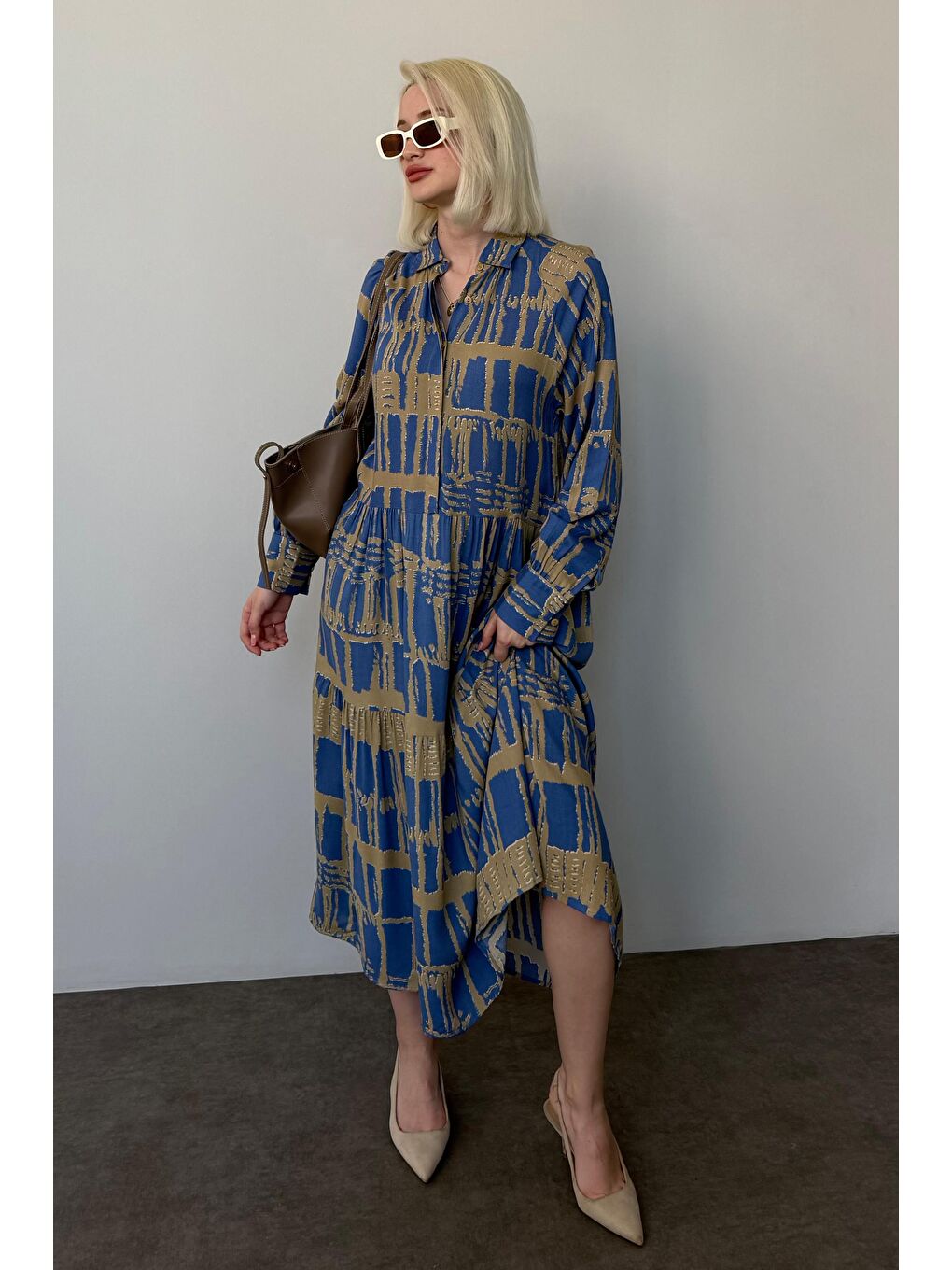 İndigo Uzun Kollu Düğmeli Desenli Elbise Mg2430-1