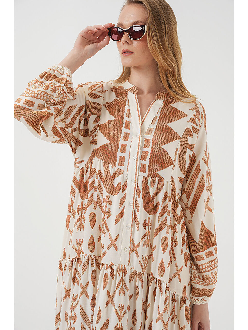 Sarı 2423 Otantik Desenli Tesettür Elbise - B. Hardal-4