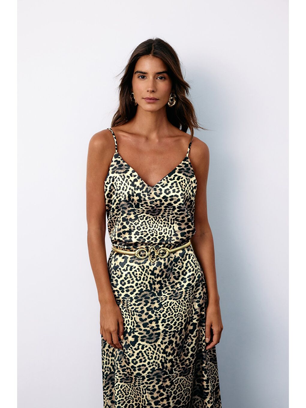 Askılı Leopar Desenli Saten Bluz - Gri