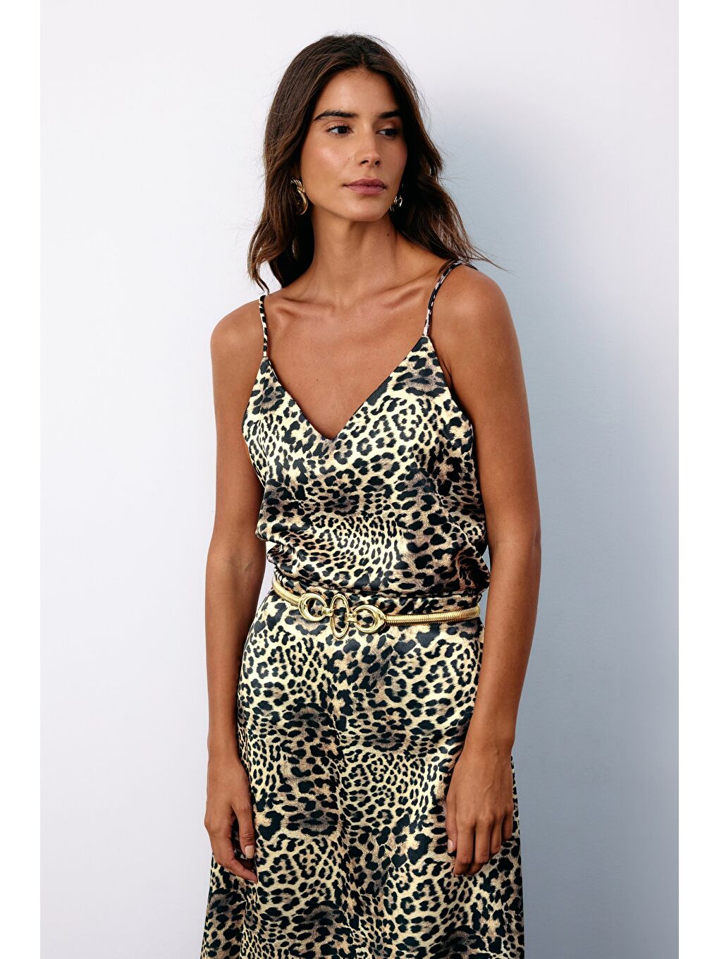 Askılı Leopar Desenli Saten Bluz - Gri-2