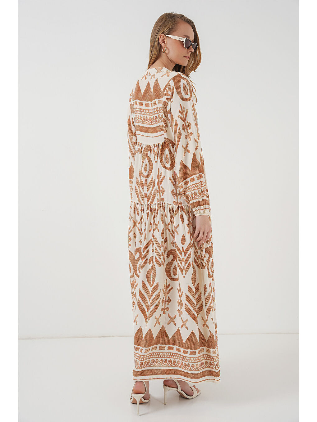 Sarı 2423 Otantik Desenli Tesettür Elbise - B. Hardal-6