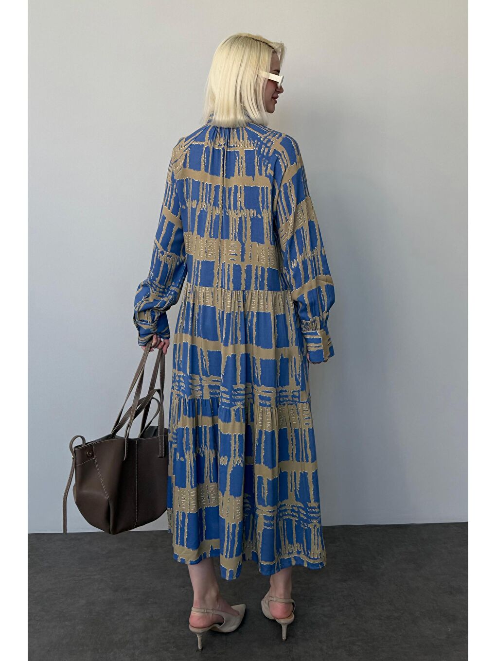 İndigo Uzun Kollu Düğmeli Desenli Elbise Mg2430-2