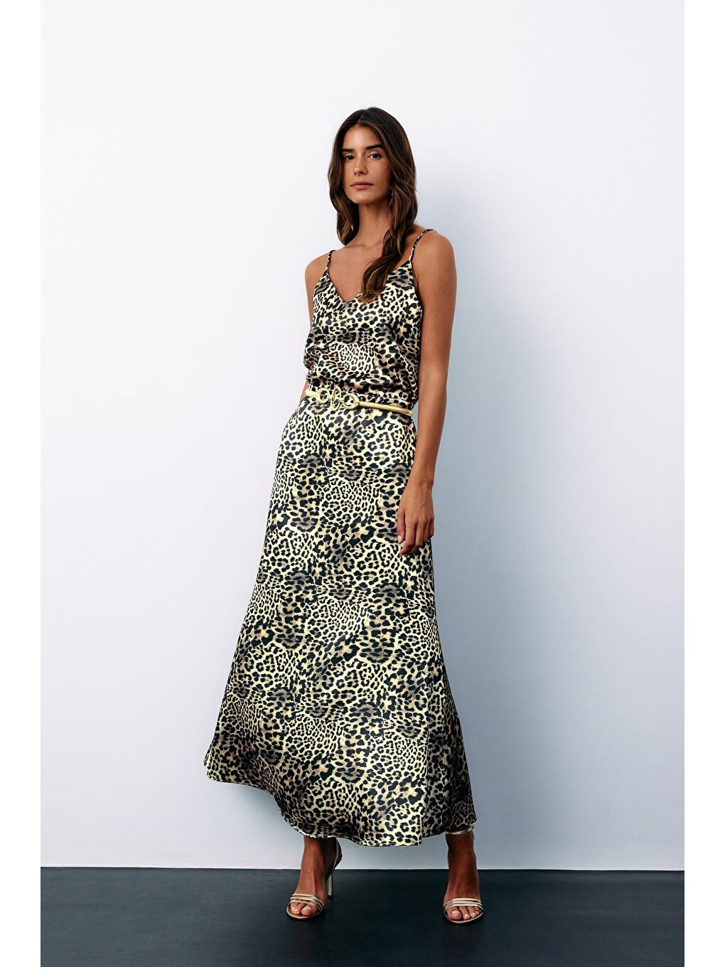 Leopar Desenli Saten Etek - Gri-1