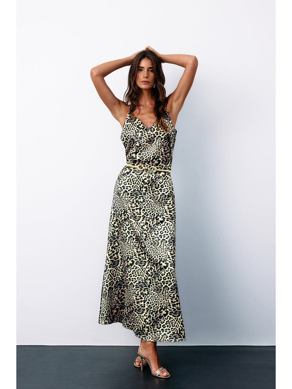 Leopar Desenli Saten Etek - Gri-2