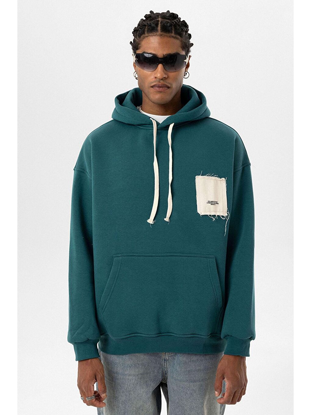 Petrol Etiket Detaylı Oversize Kapüşonlu  Erkek Hoodie