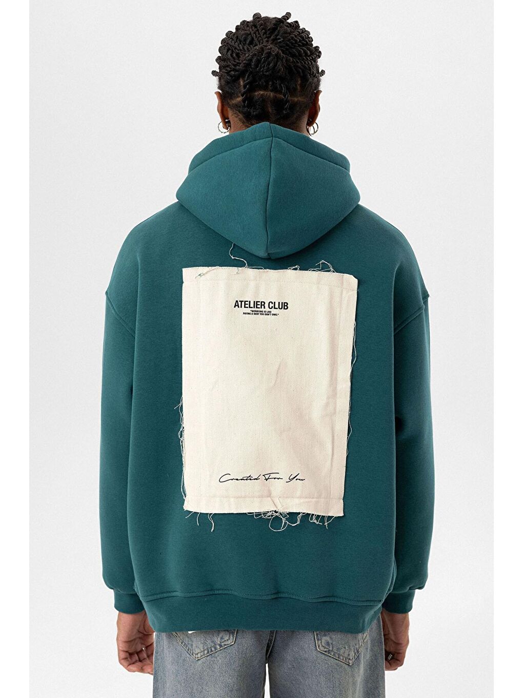 Petrol Etiket Detaylı Oversize Kapüşonlu  Erkek Hoodie-2