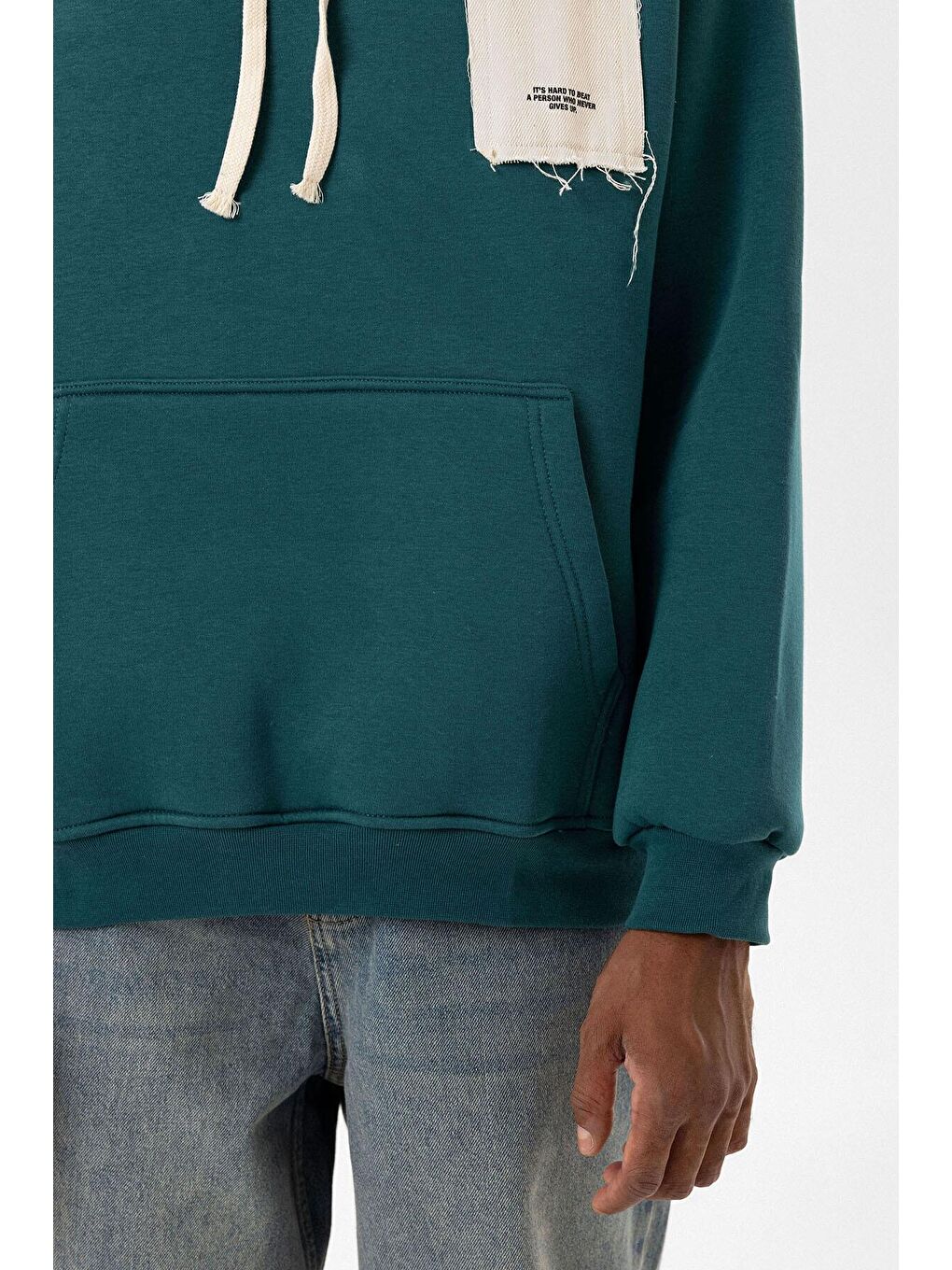 Petrol Etiket Detaylı Oversize Kapüşonlu  Erkek Hoodie-4