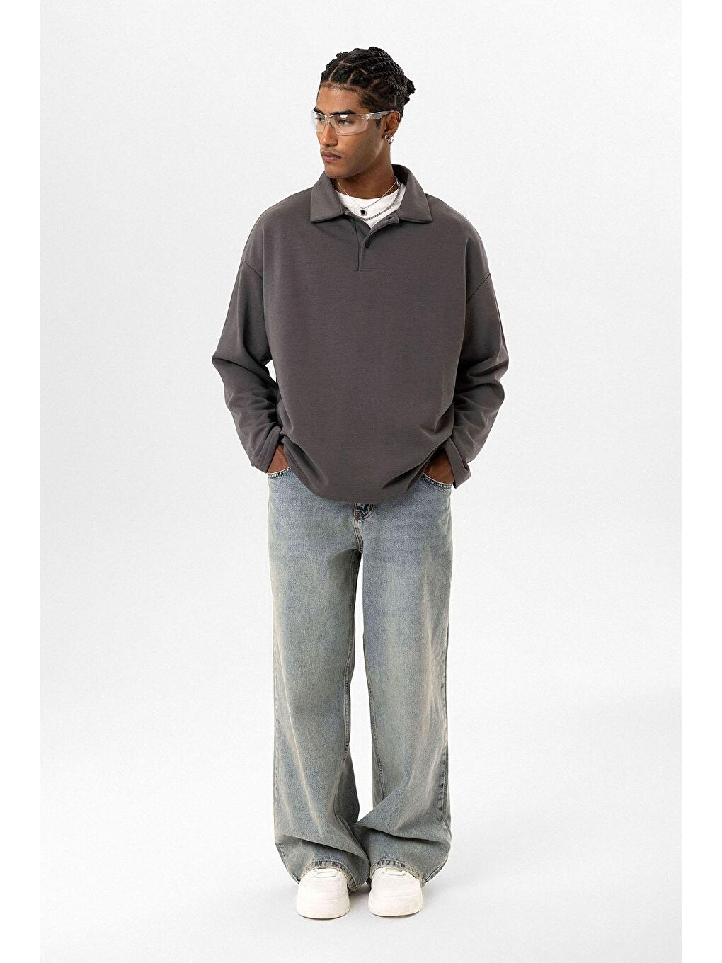 Gri Basic Polo Yaka Erkek Sweatshirt