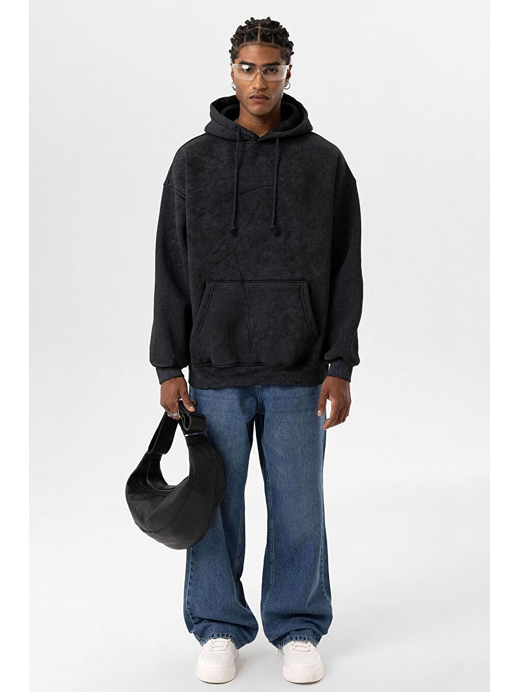 Siyah Basic Yıkamalı Oversize  Erkek Kapüşonlu Sweatshirt Hoodie