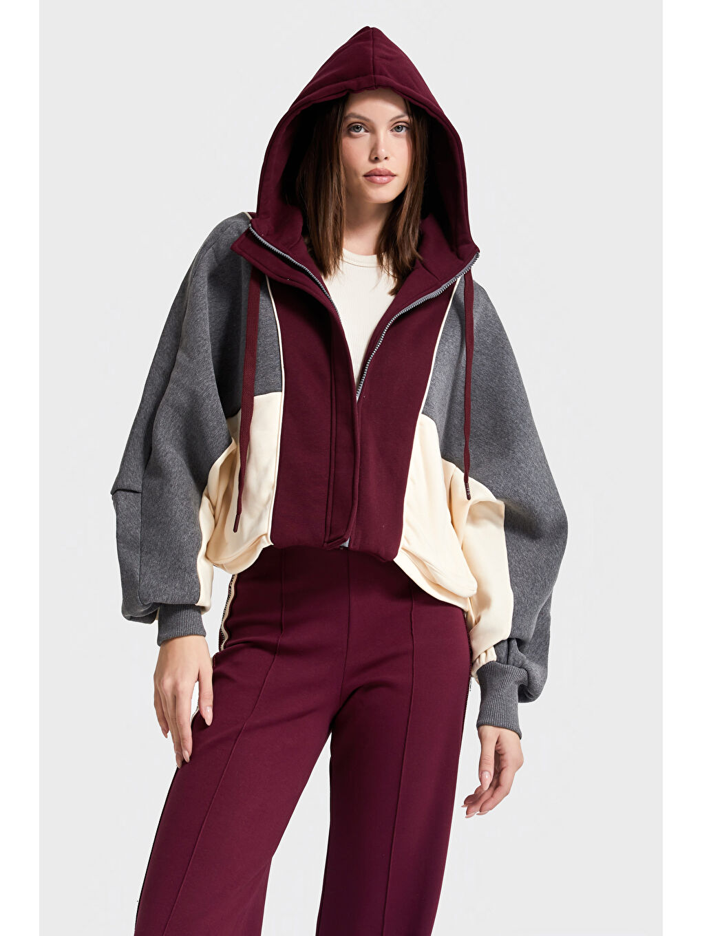 Kadın Bordo Renk w5-35 Örme Kumaş Polar ve Alt Eşofman 2'li Kombin Tasarım Takım-1