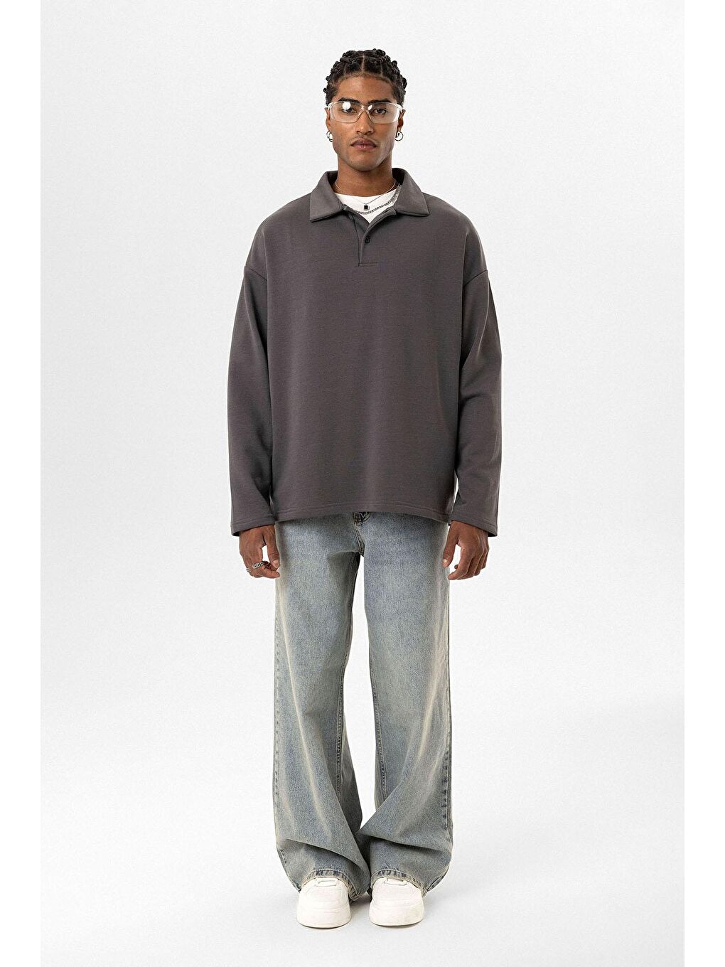 Gri Basic Polo Yaka Erkek Sweatshirt-2