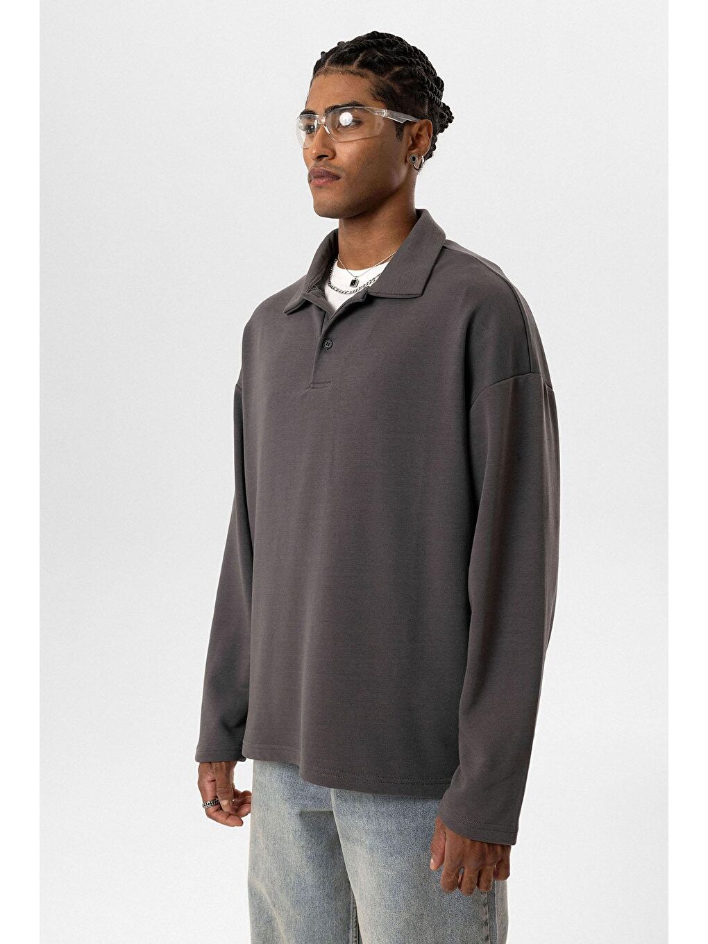 Gri Basic Polo Yaka Erkek Sweatshirt-3