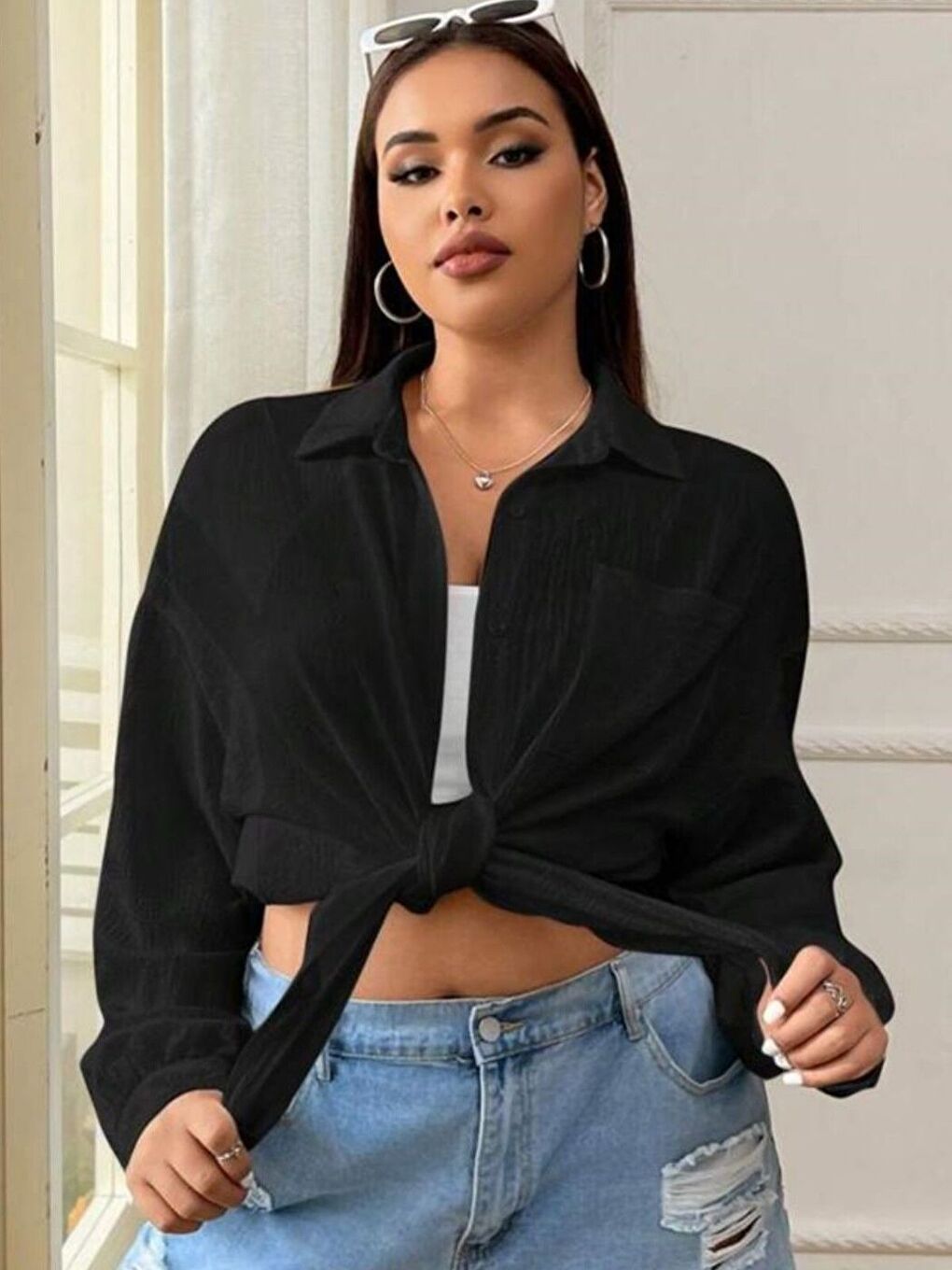 Trendseninle Kadın Siyah Tek Cepli Bürümcük Oversize Gömlek