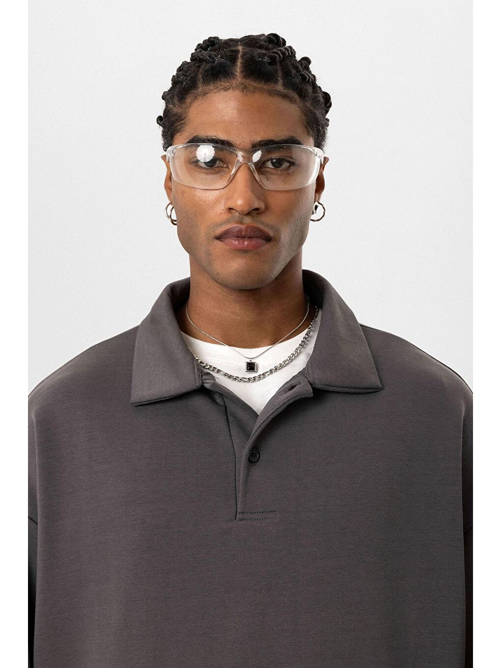 Gri Basic Polo Yaka Erkek Sweatshirt-4