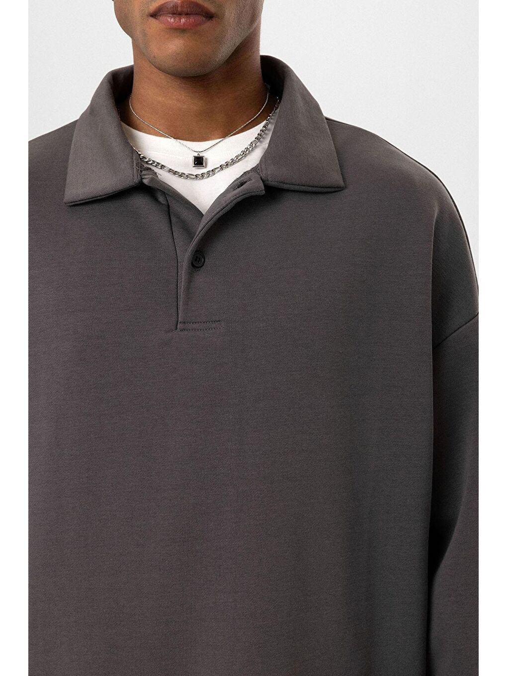 Gri Basic Polo Yaka Erkek Sweatshirt-5