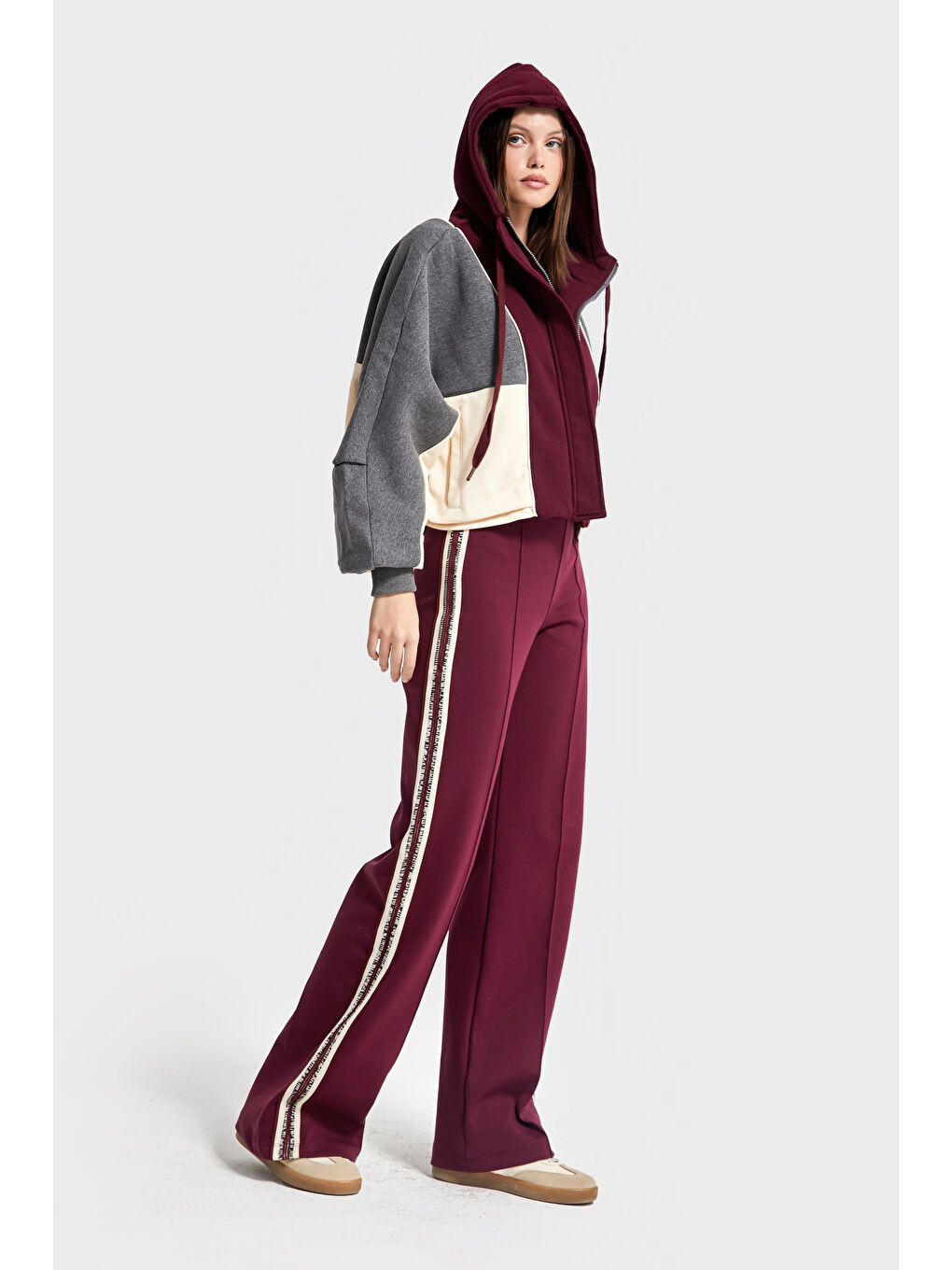 Kadın Bordo Renk w5-35 Örme Kumaş Polar ve Alt Eşofman 2'li Kombin Tasarım Takım-2