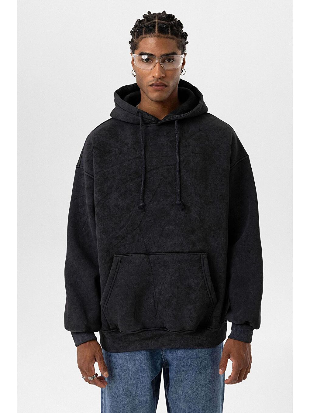 Siyah Basic Yıkamalı Oversize  Erkek Kapüşonlu Sweatshirt Hoodie-2