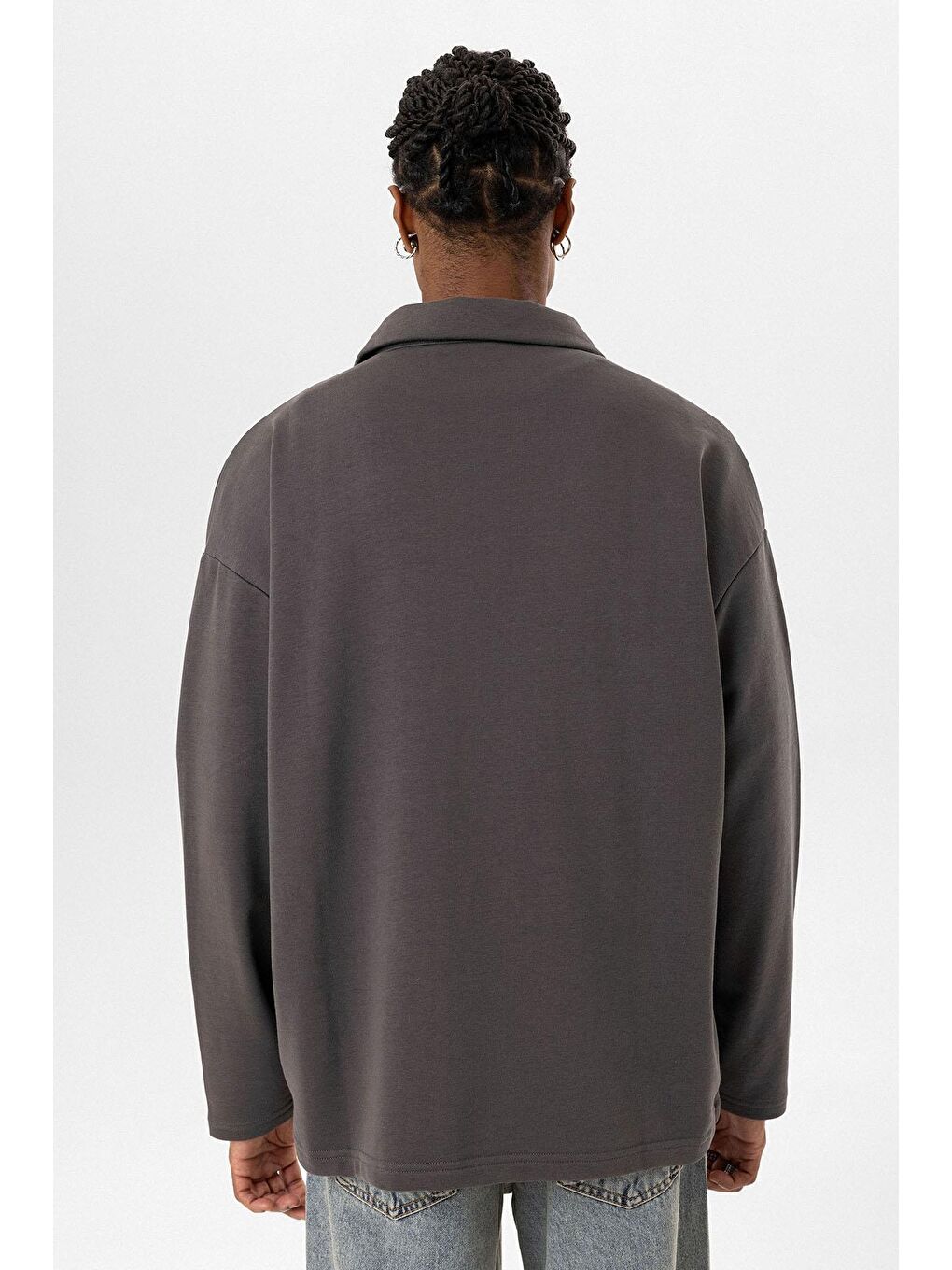 Gri Basic Polo Yaka Erkek Sweatshirt-6