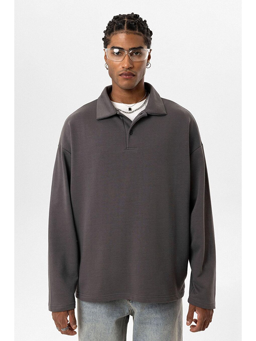 Gri Basic Polo Yaka Erkek Sweatshirt-7