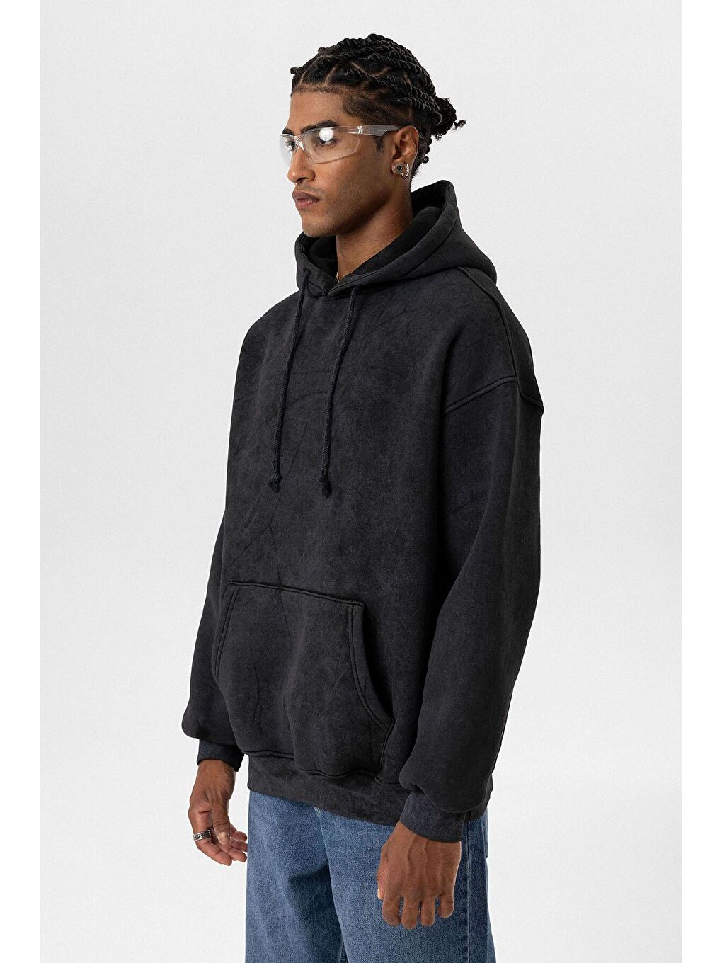 Siyah Basic Yıkamalı Oversize  Erkek Kapüşonlu Sweatshirt Hoodie-3