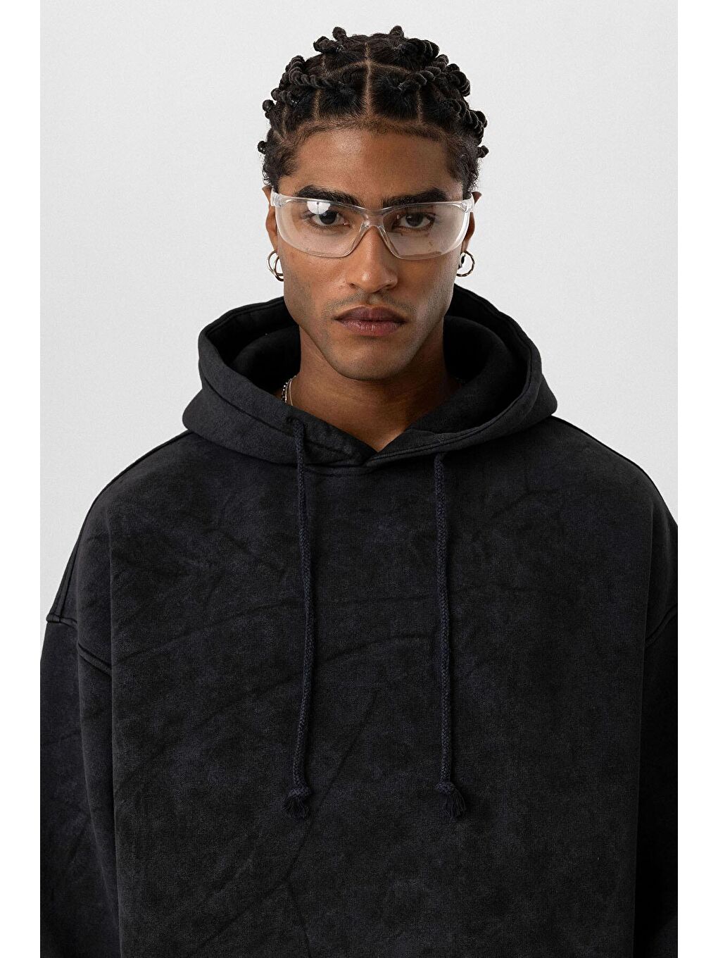 Siyah Basic Yıkamalı Oversize  Erkek Kapüşonlu Sweatshirt Hoodie-4