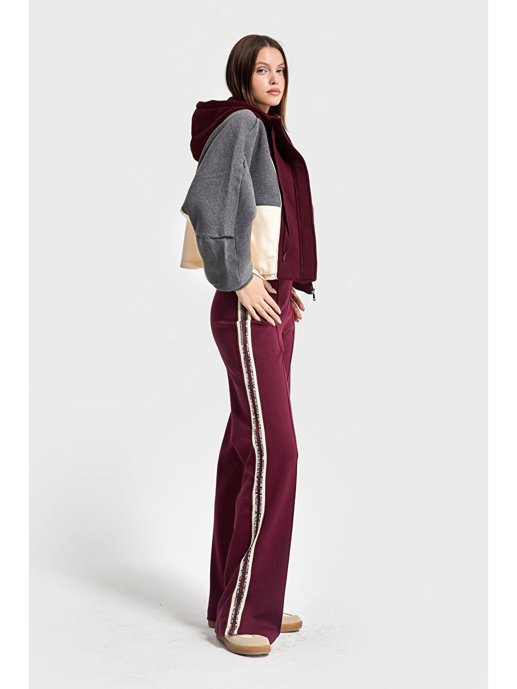 Kadın Bordo Renk w5-35 Örme Kumaş Polar ve Alt Eşofman 2'li Kombin Tasarım Takım-3