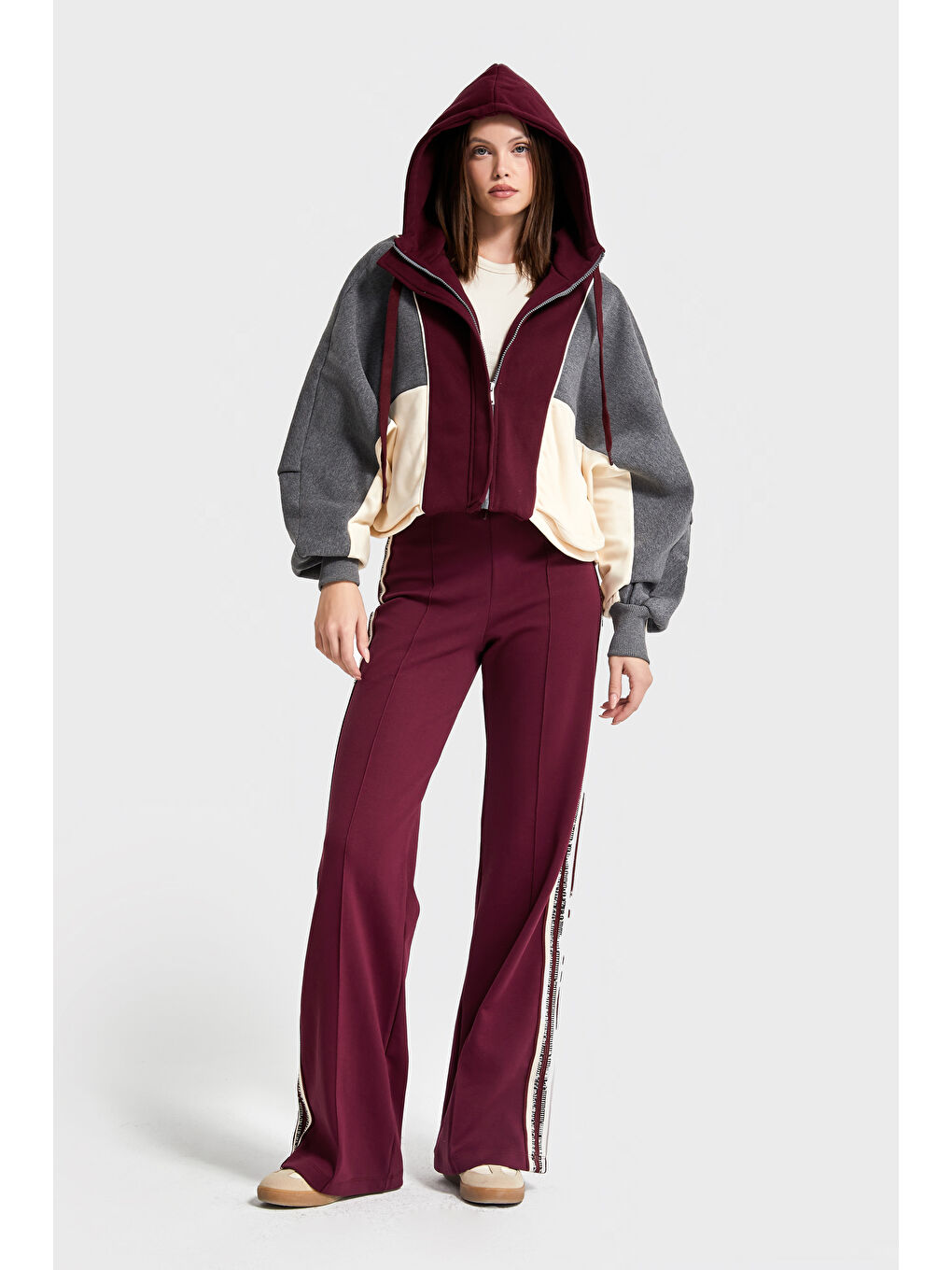 Kadın Bordo Renk w5-35 Örme Kumaş Polar ve Alt Eşofman 2'li Kombin Tasarım Takım-4