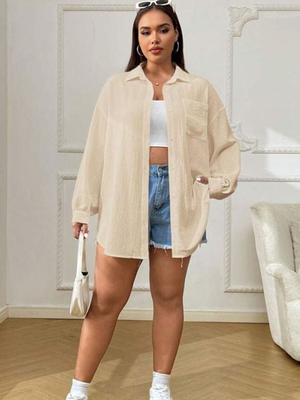 Trendseninle Kadın Bej Tek Cepli Bürümcük Oversize Gömlek - 3