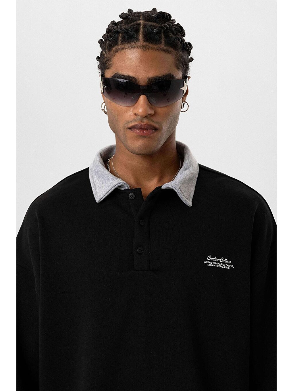 Polo Yaka Çift Kol Detaylı Oversize Sweatsıhrt Siyah-3